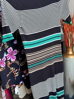 Nine West Black, White & Teal Striped Knit Dress